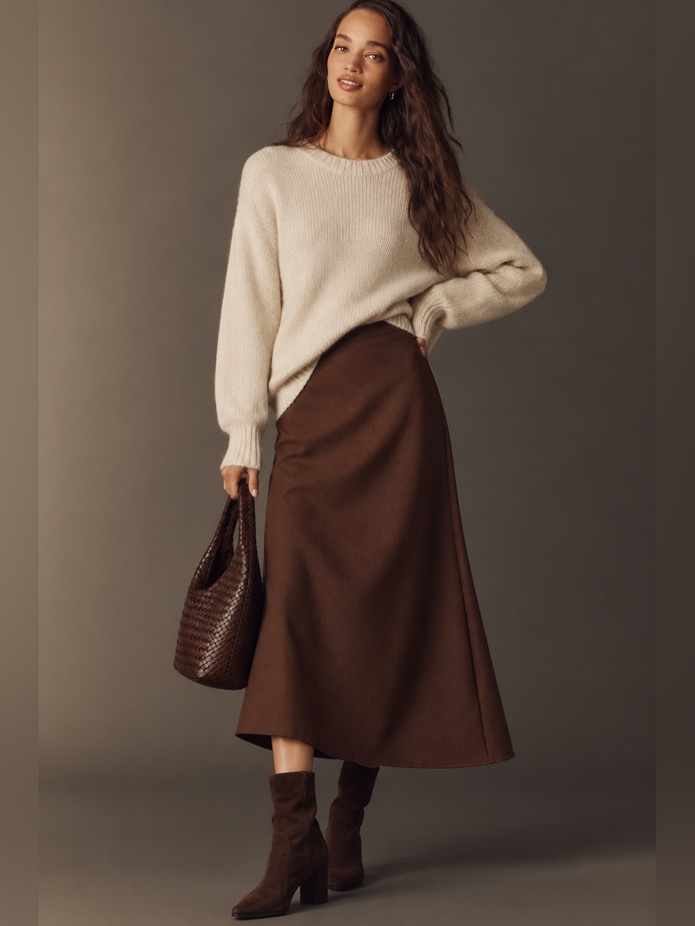 Maeve Anthropologie Brown Cotton A-Line Midi Maxi Skirt Pull-On